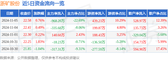 九游娱乐平台：浙矿股份（300837）11月5日主力资金净卖出96820万元(图1)